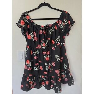 Hint Of Blush Babydoll Dress Sz M Tie Neck Tiered Black Red Floral Dark Romantic